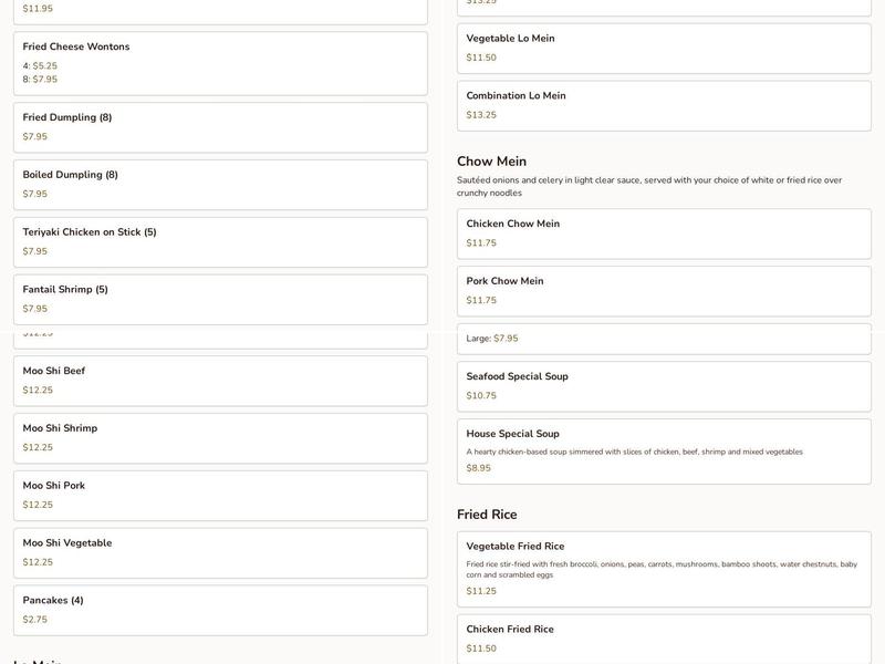 Long River Restaurant Menu