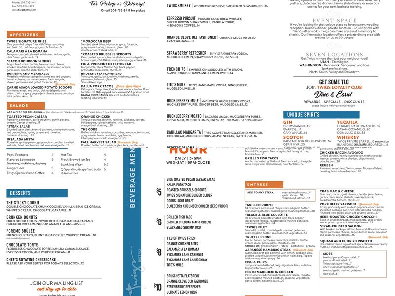 Twigs Bistro and Martini Bar Menu