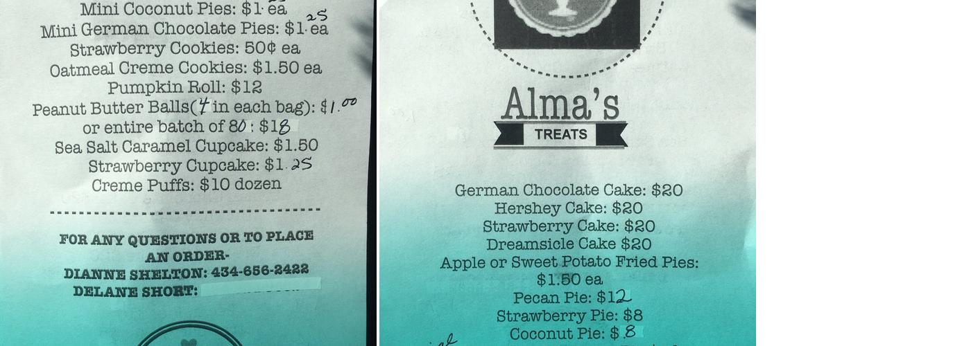 Alma's Treats Menu