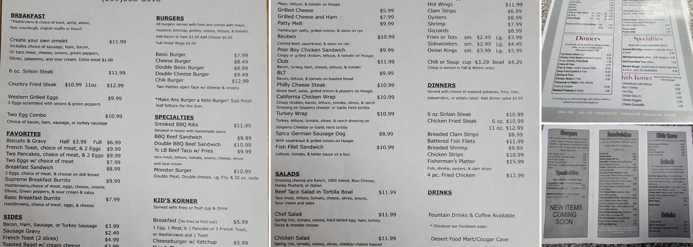 Cougar Cave Cafe Menu