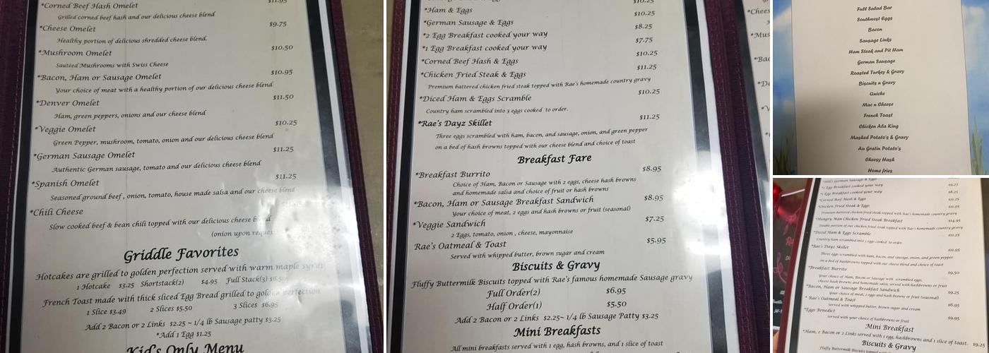 Rae's Dayz Diner & Cakery Menu