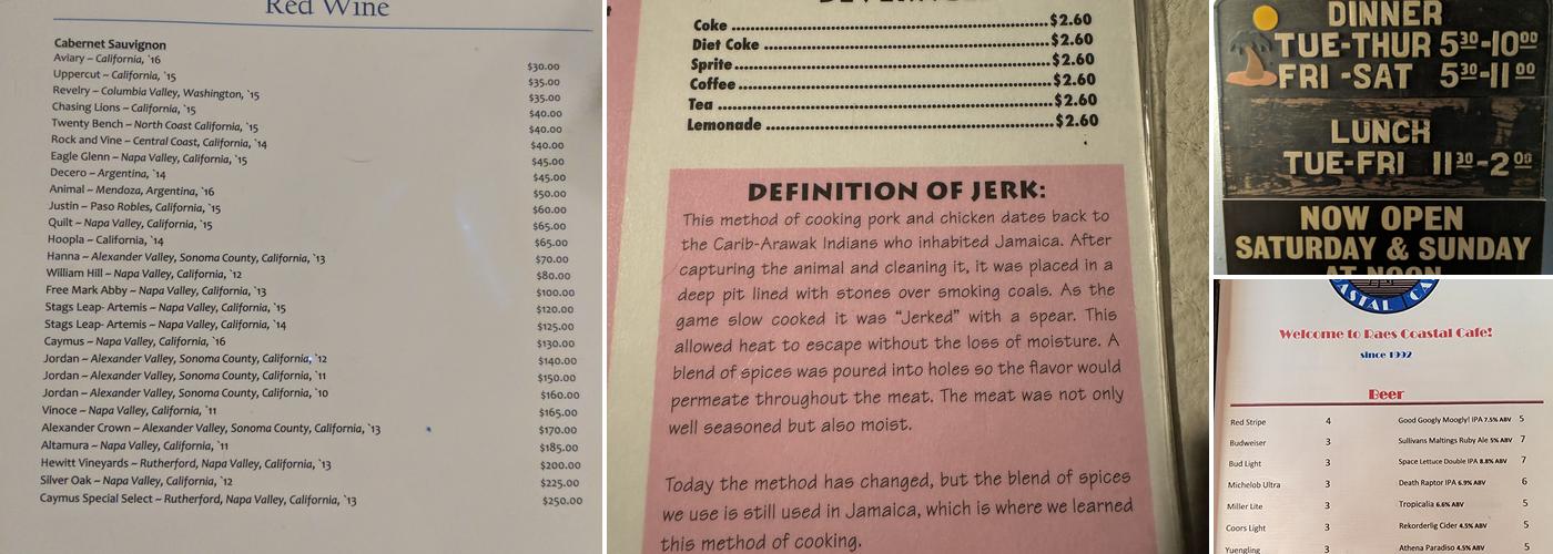 RAES COASTAL CAFE Menu