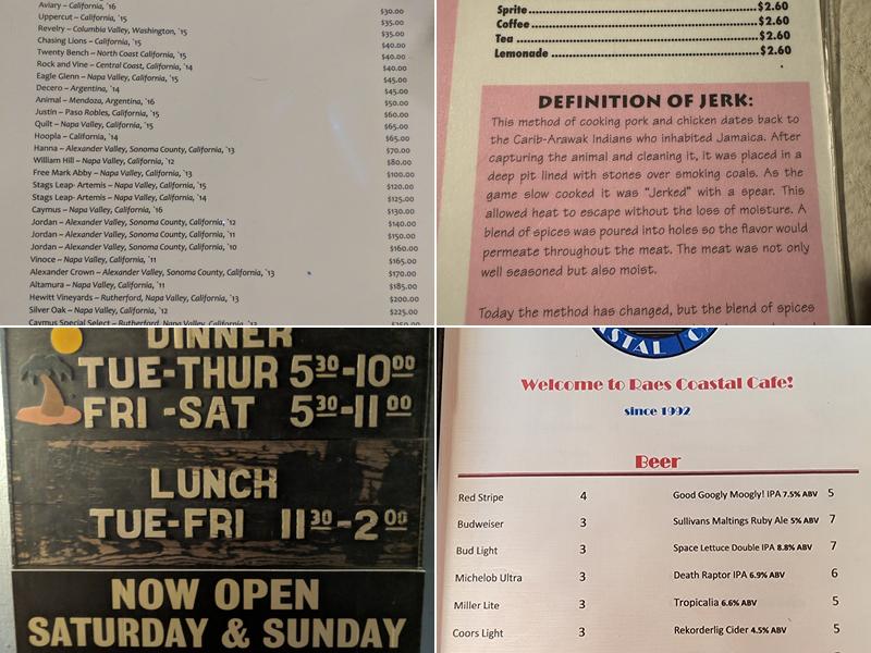 RAES COASTAL CAFE Menu