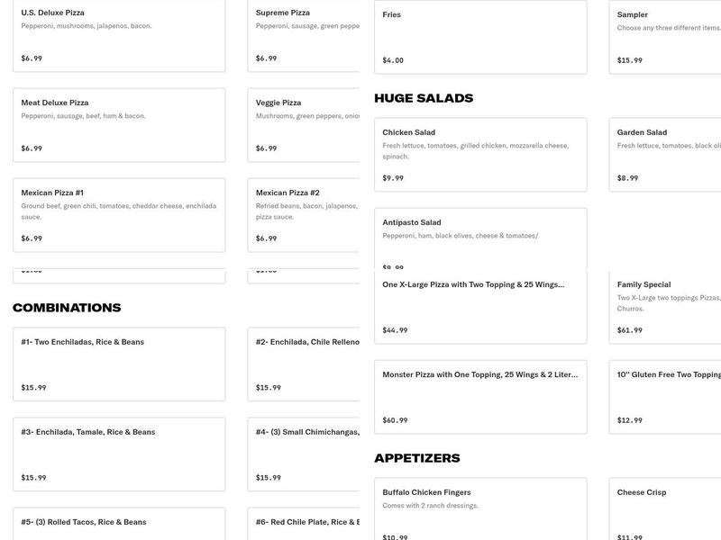 U S Pizza Menu