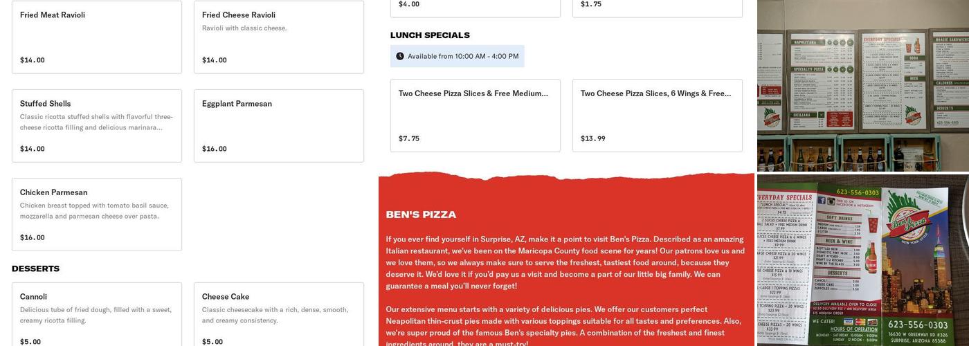 Ben's Pizza Menu