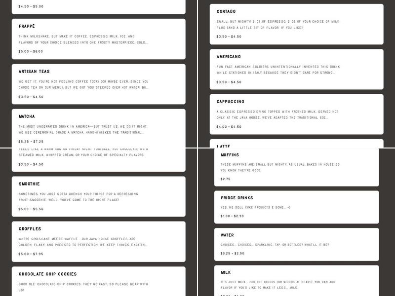 Harlem Java House Menu