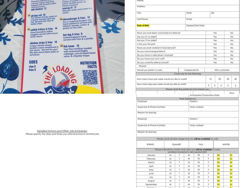 The Loading Dock Menu