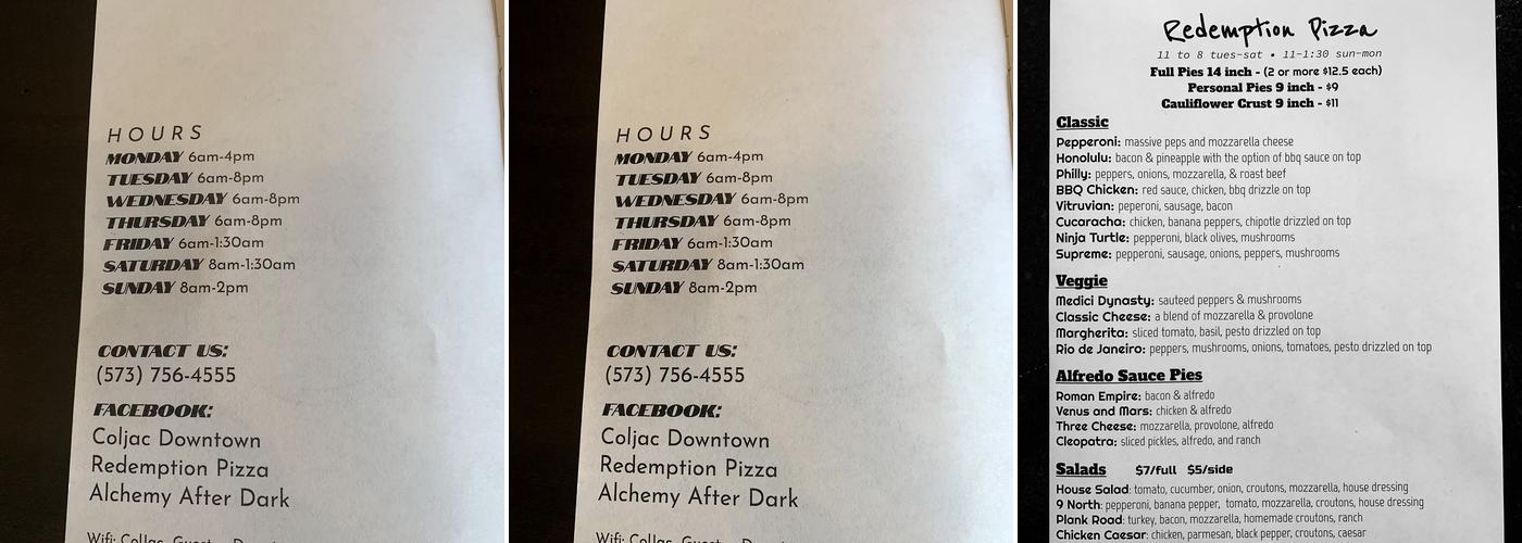 Redemption Pizza Menu