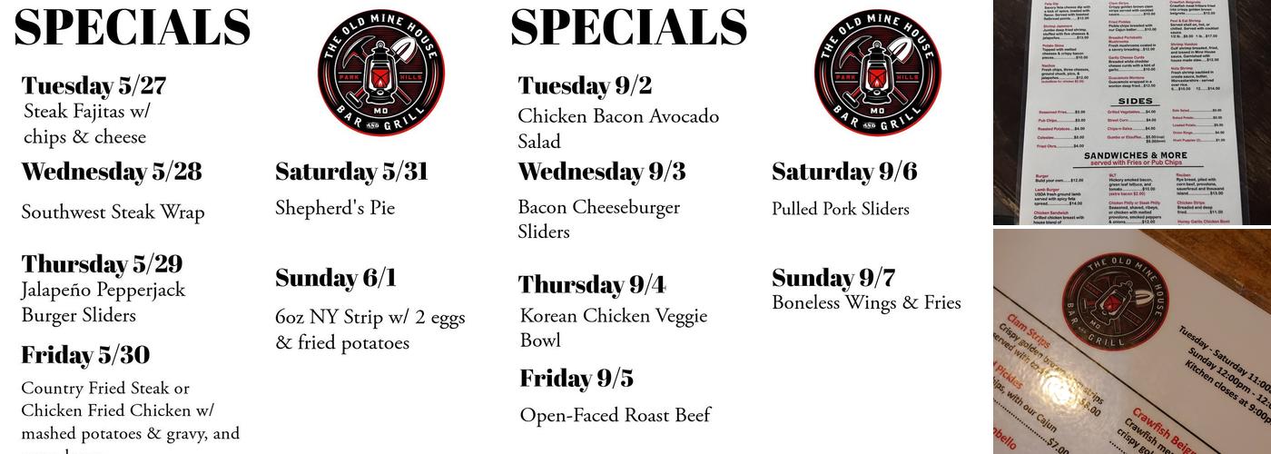 The Old Mine House Bar & Grill Menu