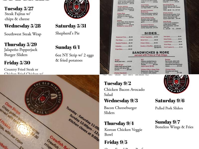 The Old Mine House Bar & Grill Menu