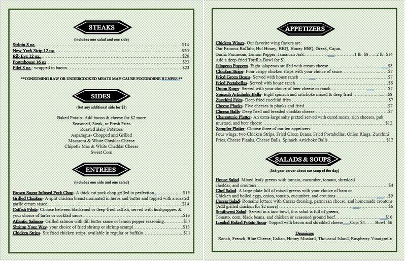 Shamrock Bar and Grill Menu