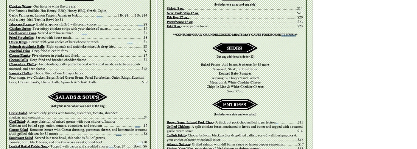 Shamrock Bar and Grill Menu