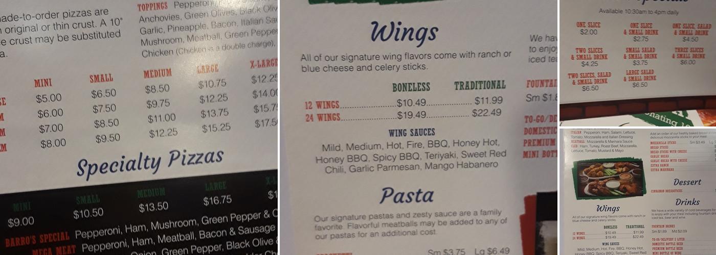 Barro's Pizza Menu