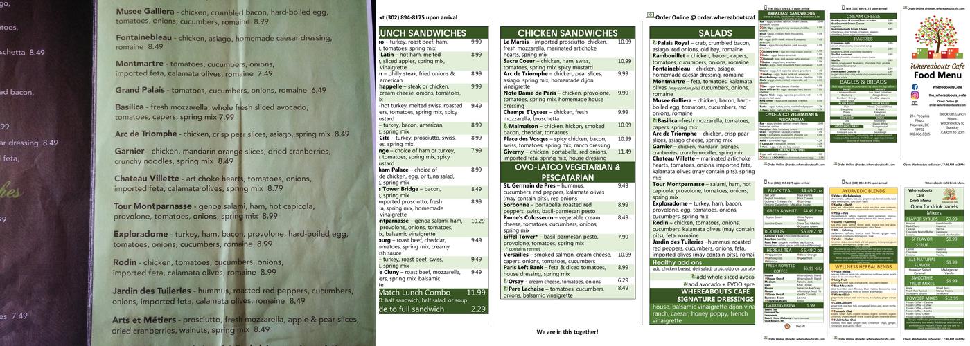 Whereabouts Cafe Menu