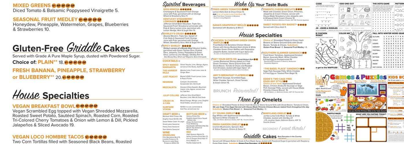 Miss Shirley's Cafe, Inner Harbor Menu
