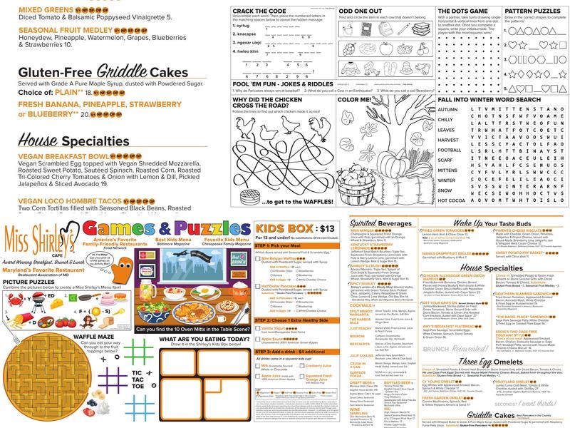 Miss Shirley's Cafe, Inner Harbor Menu