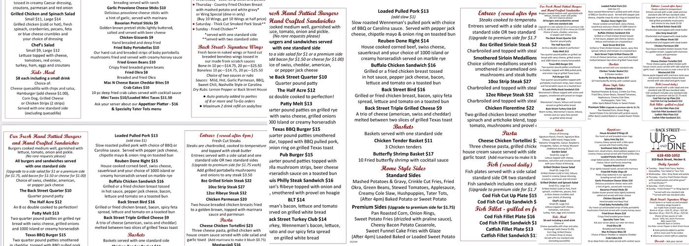 Backstreet Wine and Dine Menu