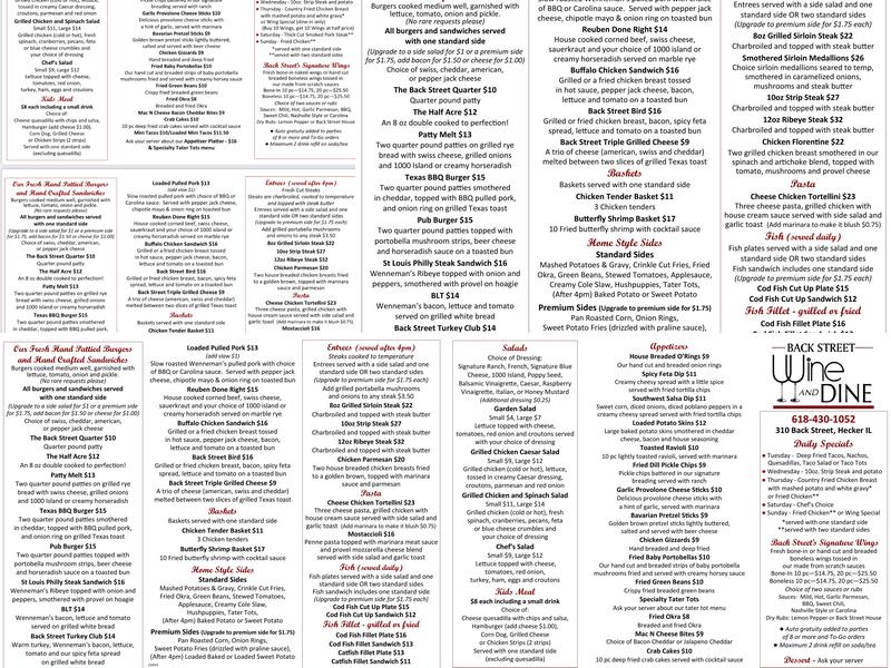 Backstreet Wine and Dine Menu