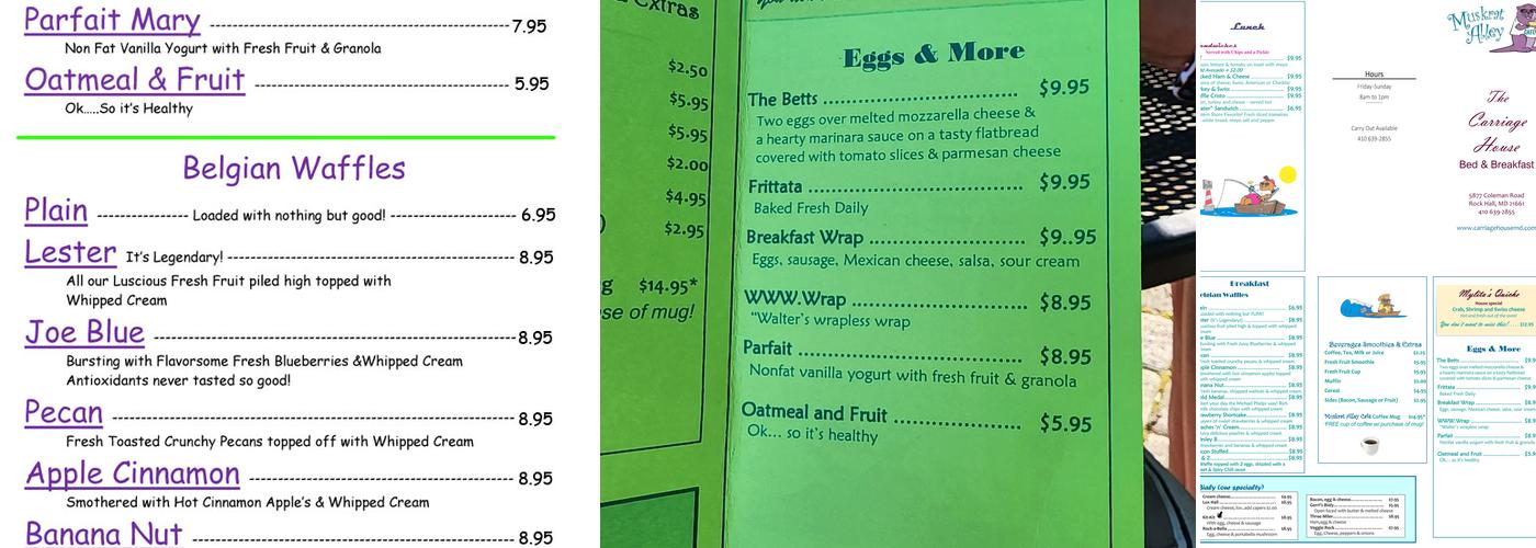 Muskrat Alley Cafe & Carriage House B&B Menu