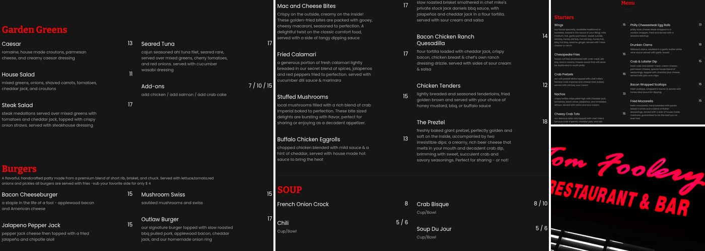 Tom Foolery's Restaurant & Bar Menu