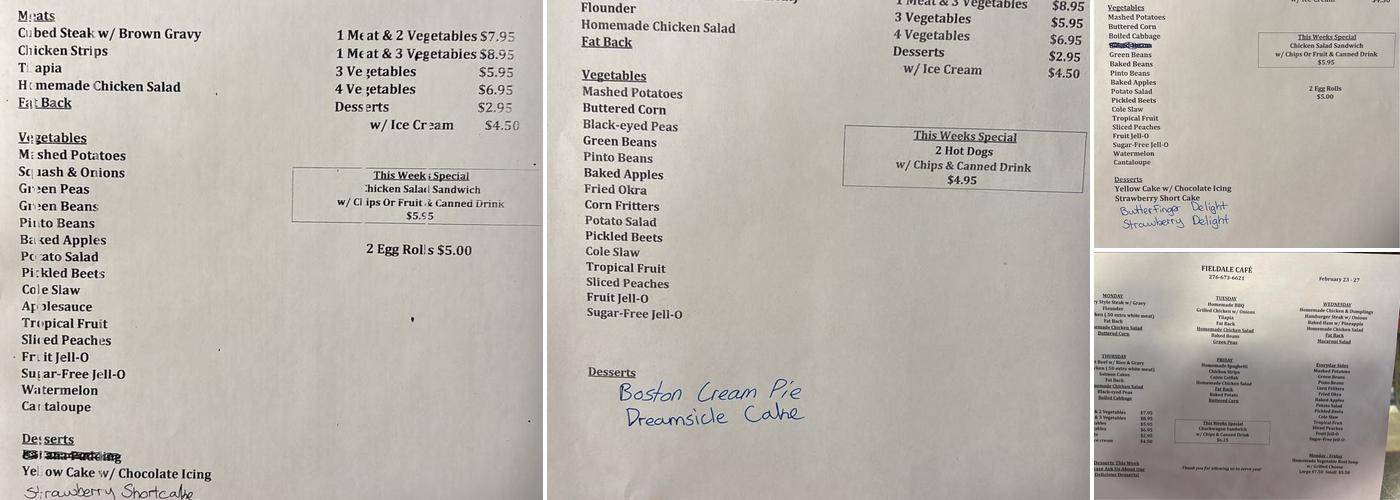 Fieldale Cafe Menu