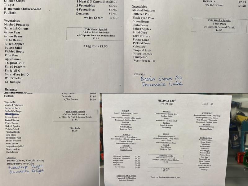 Fieldale Cafe Menu