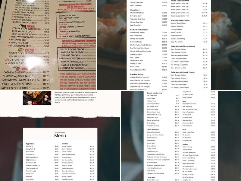 Tasty Joe's Asian Diner Chinese Cuisine Menu