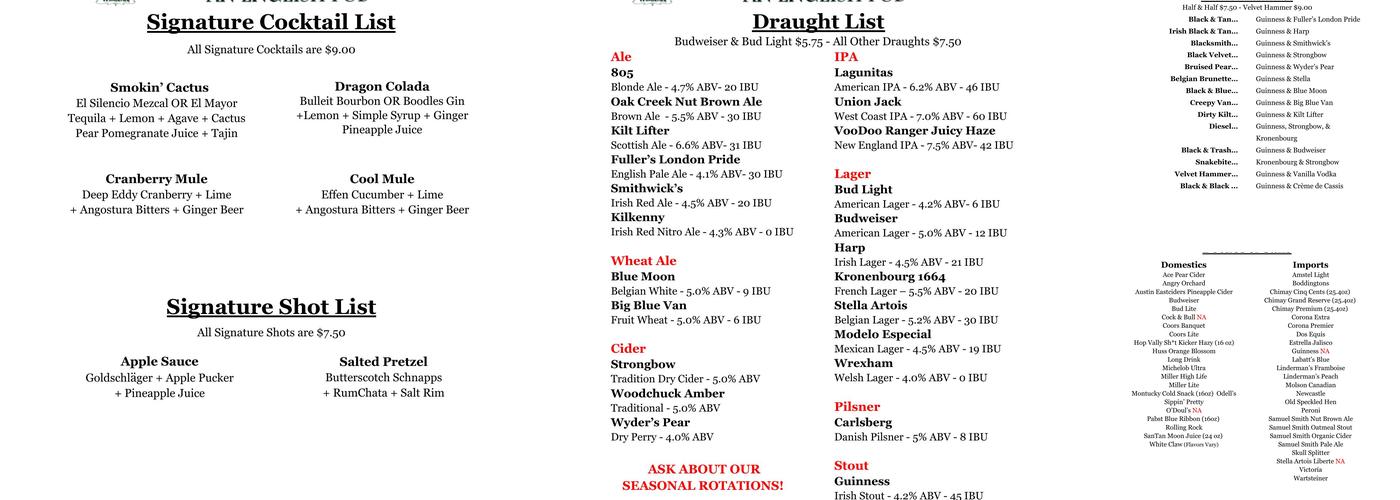 George and Dragon English Pub Menu