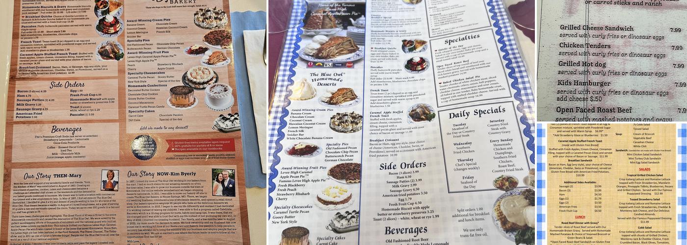 The Blue Owl Restaurant & Bakery Menu