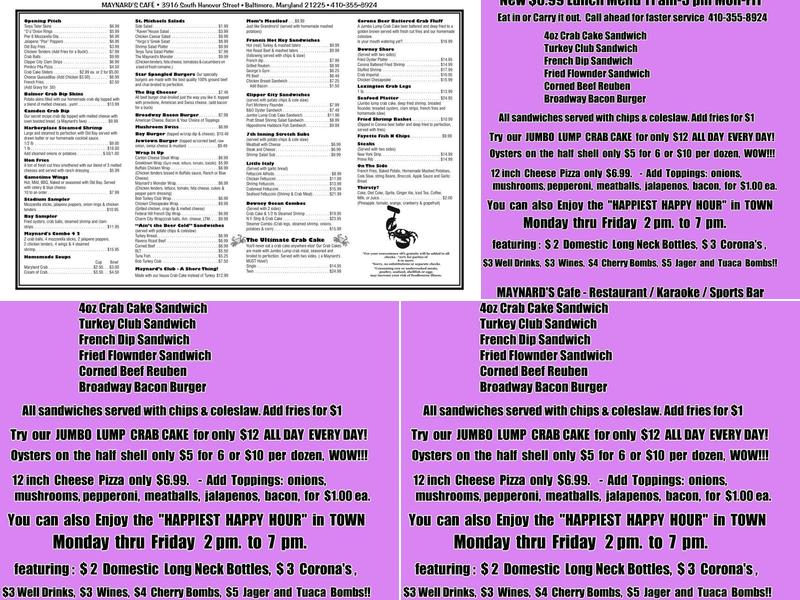 Maynard's Bar & Grill Menu