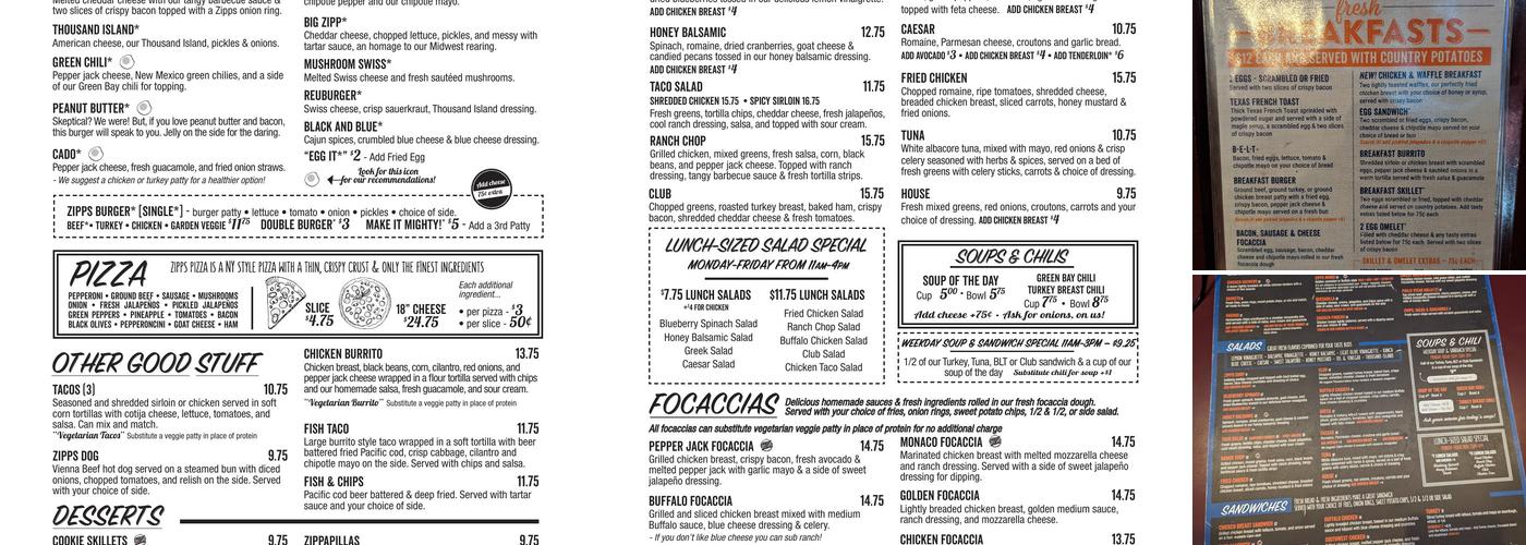 Zipps Sports Grill Menu