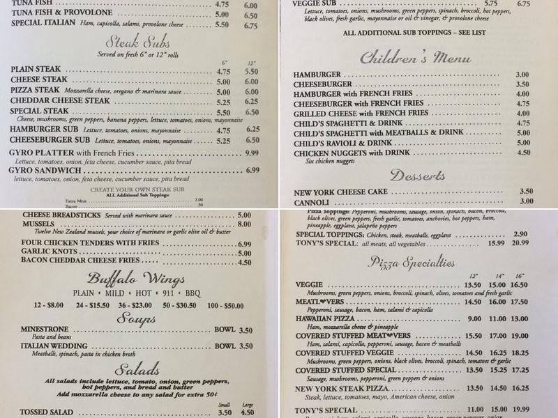 Tony's Italian Restaurant & Pizzeria Menu