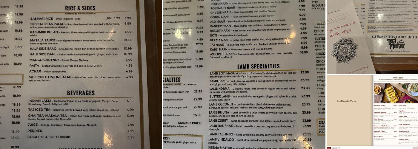 Taj Mahal Restaurant & Lounge Menu