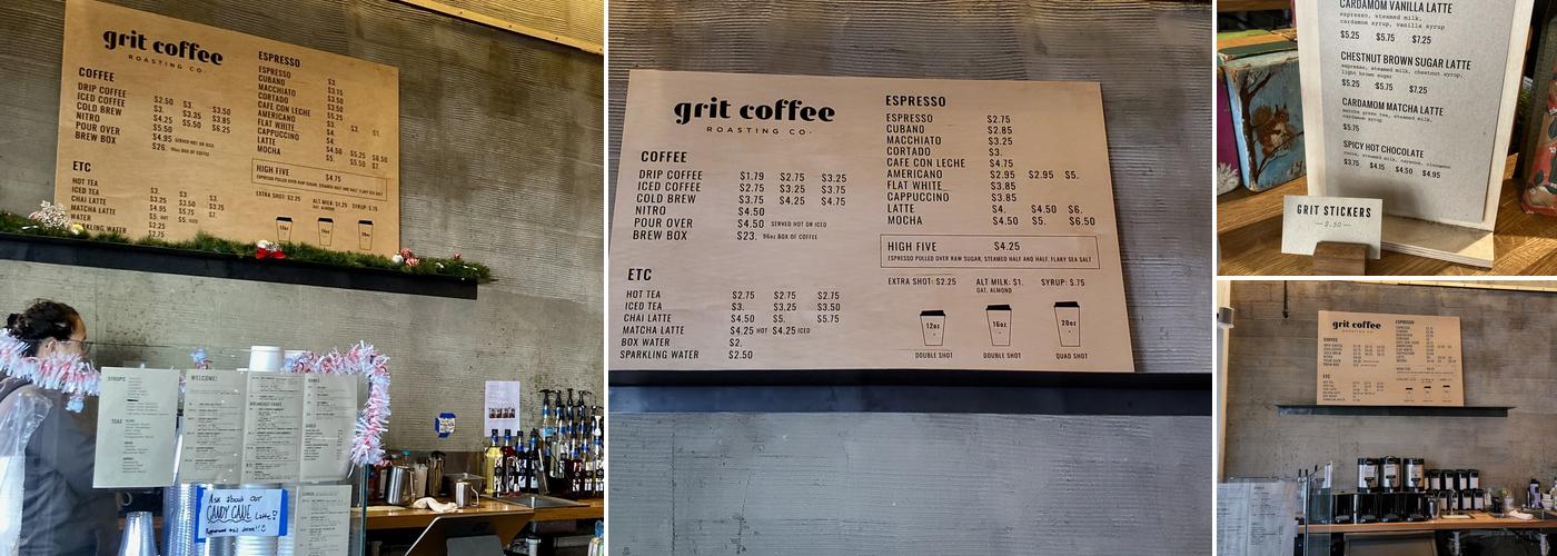 Grit Coffee, Downtown Menu