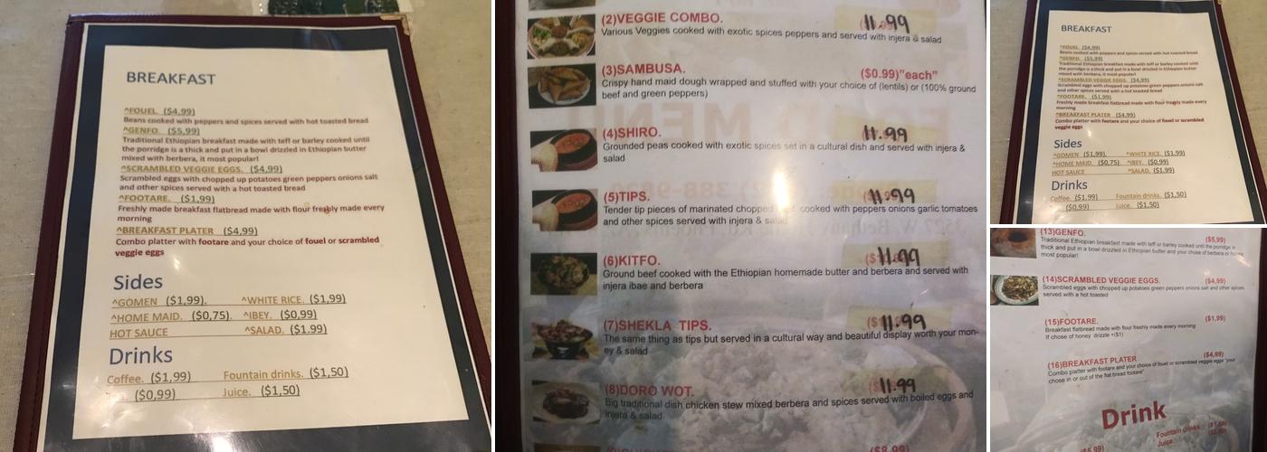 Addis Ababa Restaurant and café Menu
