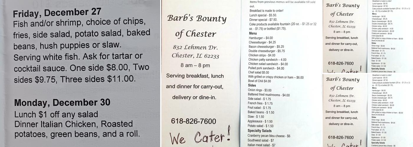 Barb's Bounty Restaurant, Jams, and Jellies Menu