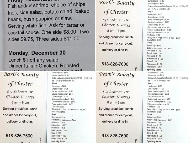 Barb's Bounty Restaurant, Jams, and Jellies Menu