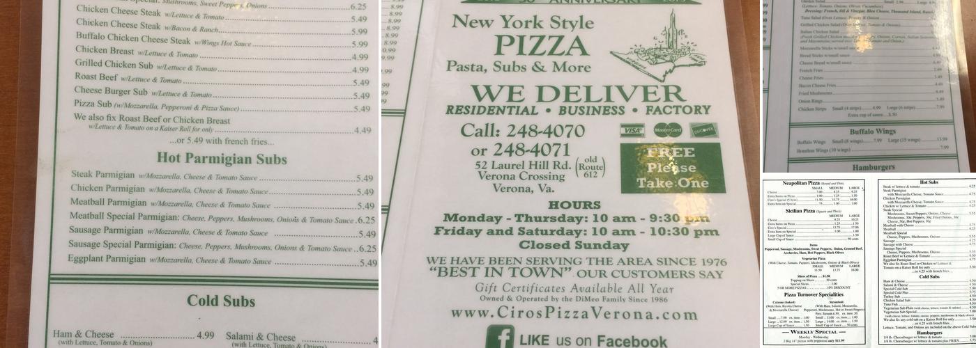 Ciro's Pizza (verona) Menu