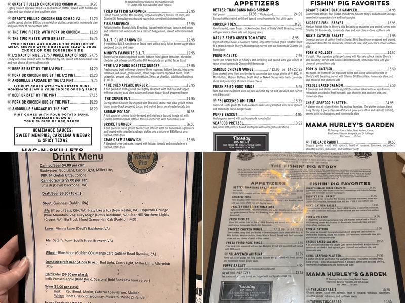 The Fishin' Pig Waynesboro Menu