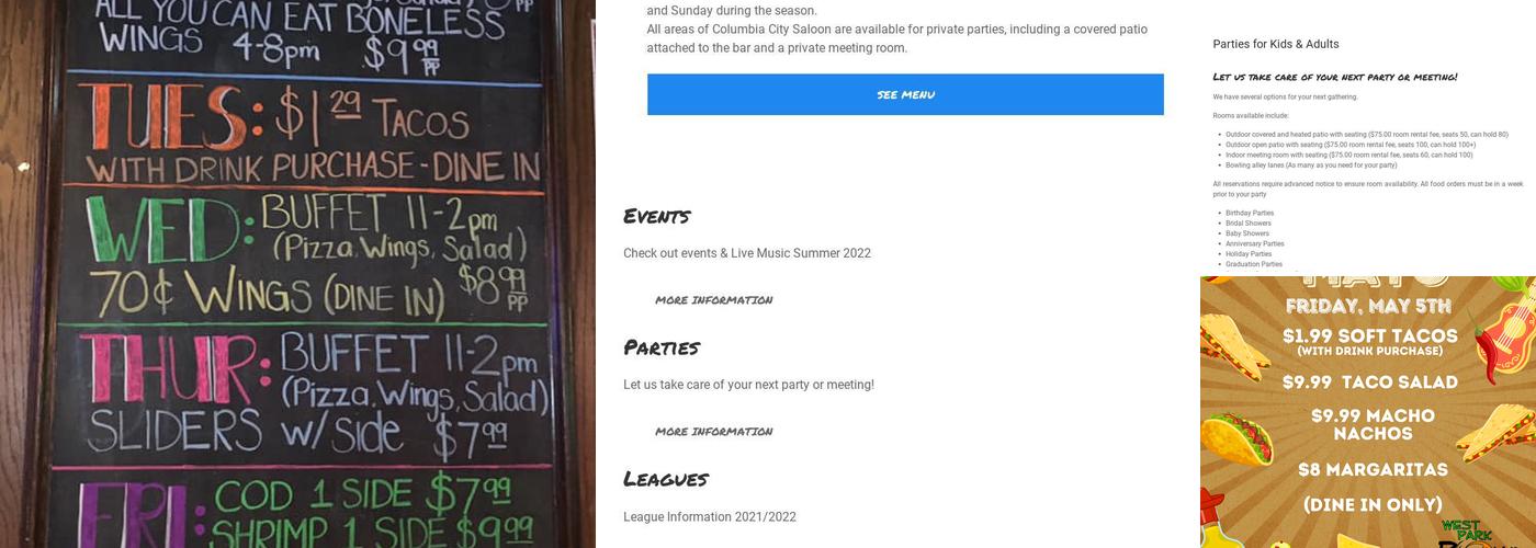 Columbia City Saloon Bar-Grill Menu