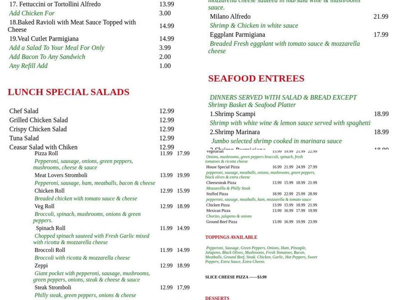 Cafe Milano Menu