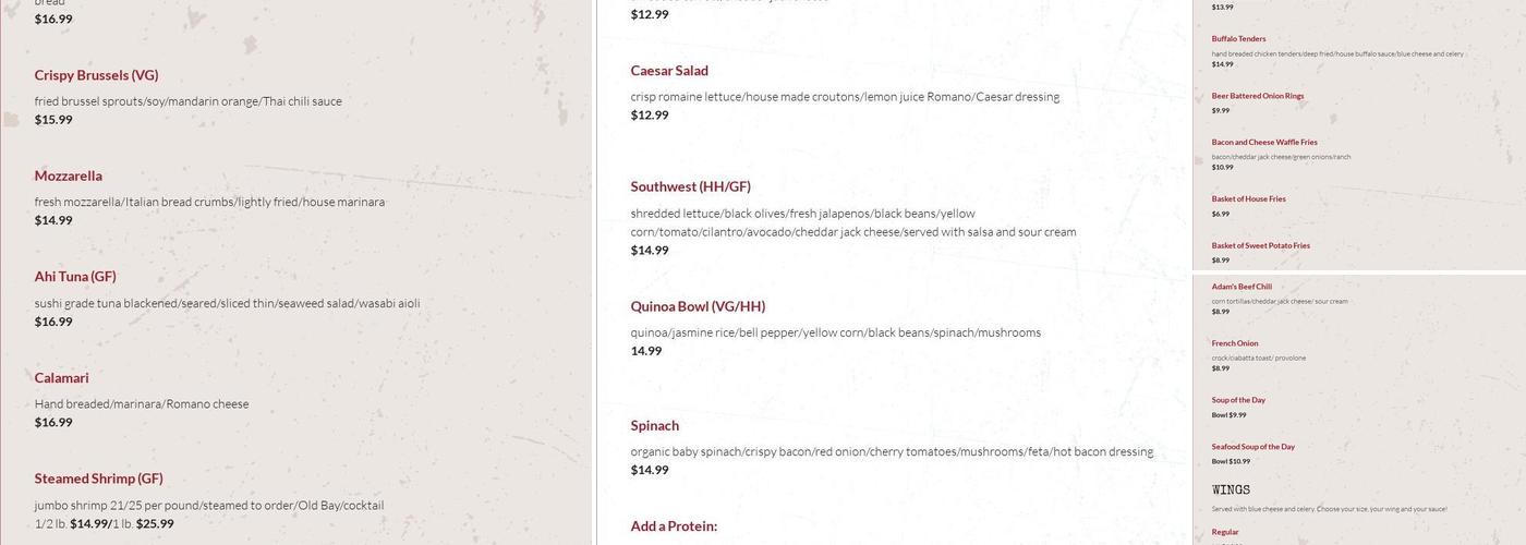 Adam's Taphouse Grille Menu