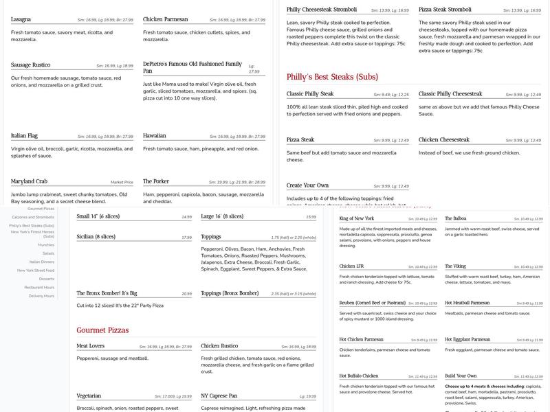 De Pietro's NY Pizzeria Menu