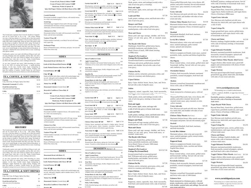Cornish Pasty Co Menu