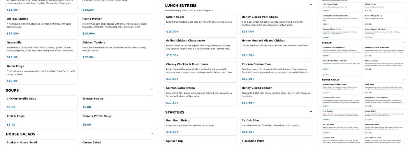 Shakers Restaurant Menu