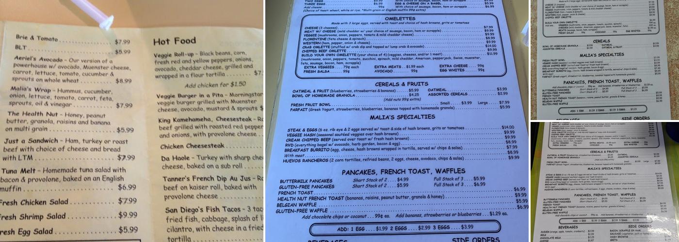 Malia's Cafe Menu