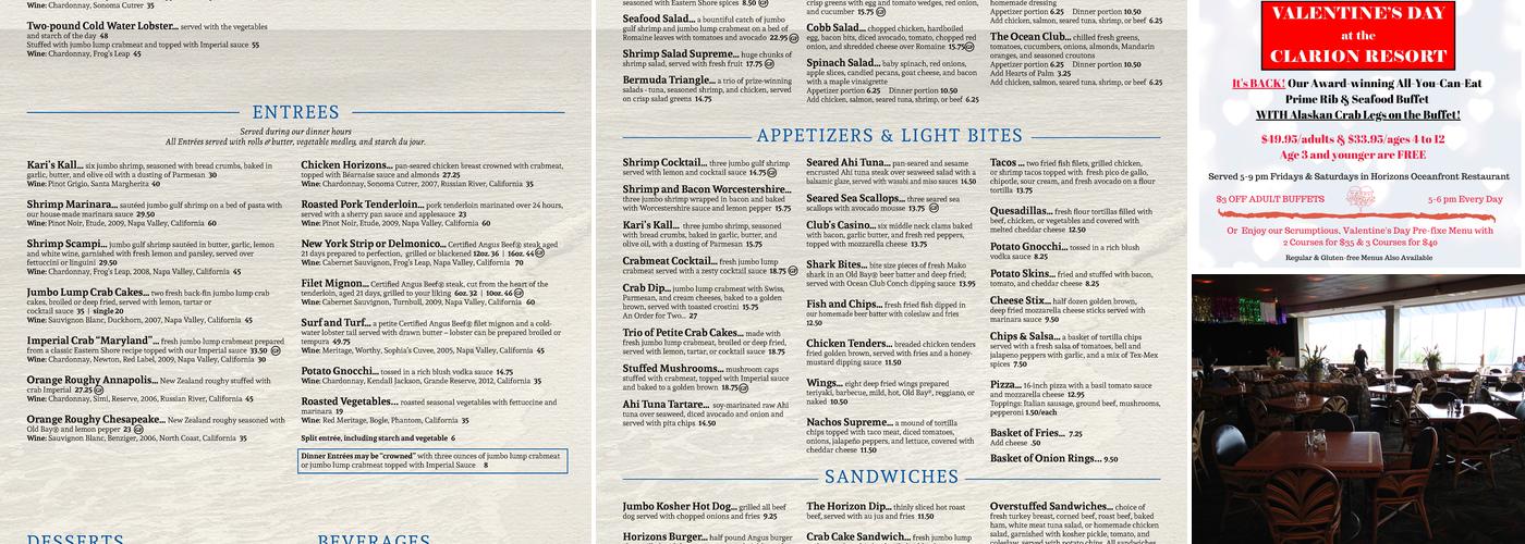 Horizons Oceanfront Restaurant Menu