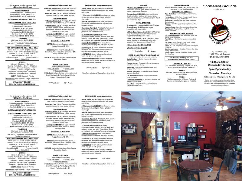 Shameless Grounds Menu