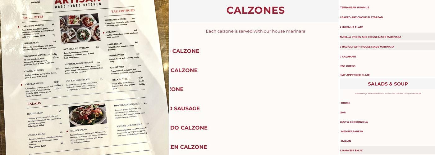 Artisan Wood Fired Kitchen Menu