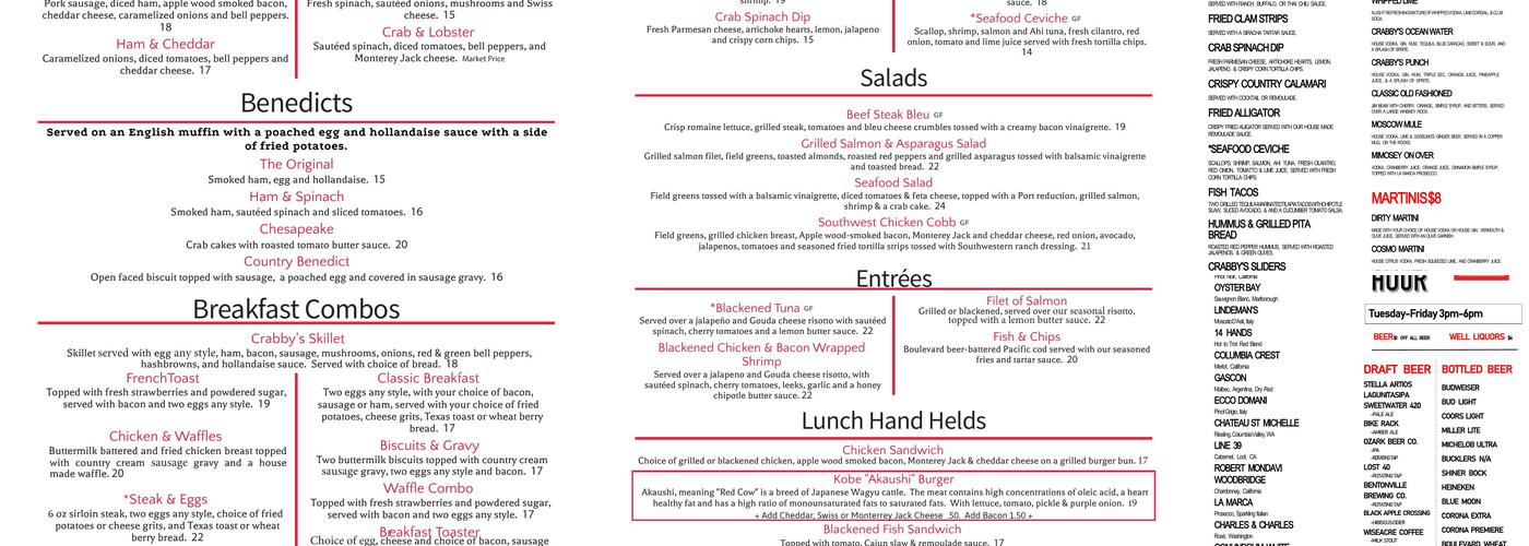 Crabbys Seafood Bar & Grill Menu